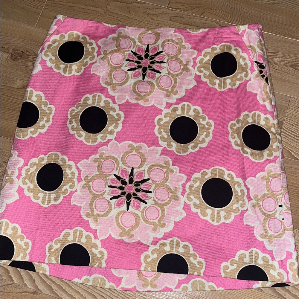 LILLY PULITZER Skirt Pink Tan Black Medallion Print Lined Linen Side Zip